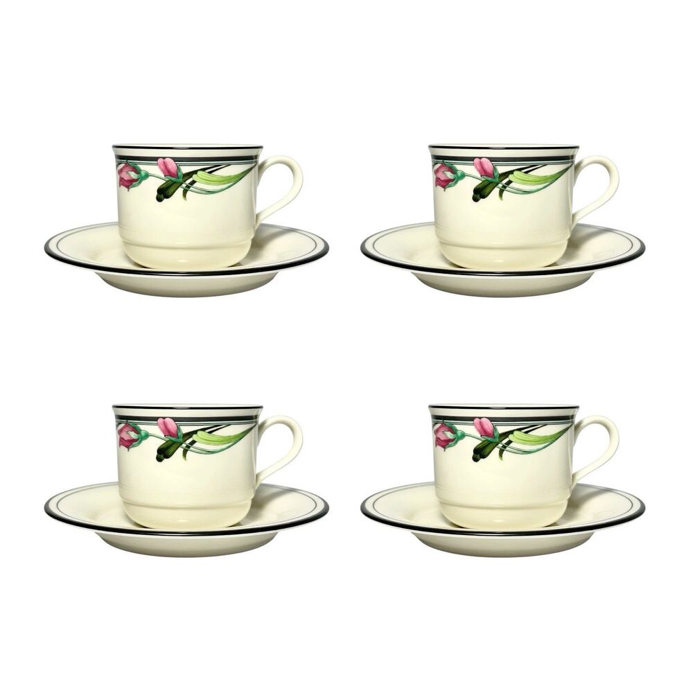 Lenox “Midnight Blossoms” Set of 4 Ceramic Tea Cups 2 3/4” 8oz & Saucers 6 3/8”